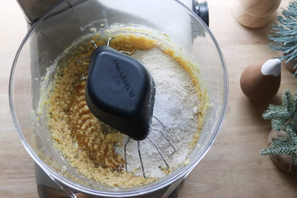flour added to a mixing bowl to make The Best Fresh Milled Healthy Christmas Sugar Cookies