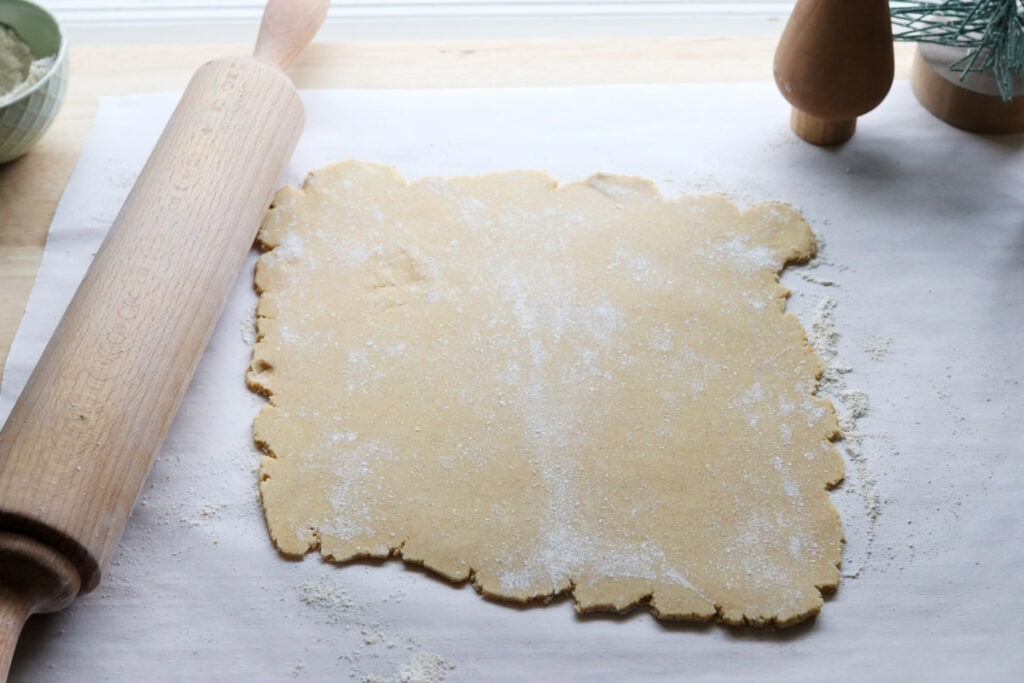 The Best Fresh Milled Healthy Christmas Sugar Cookie dough that has been rolled out