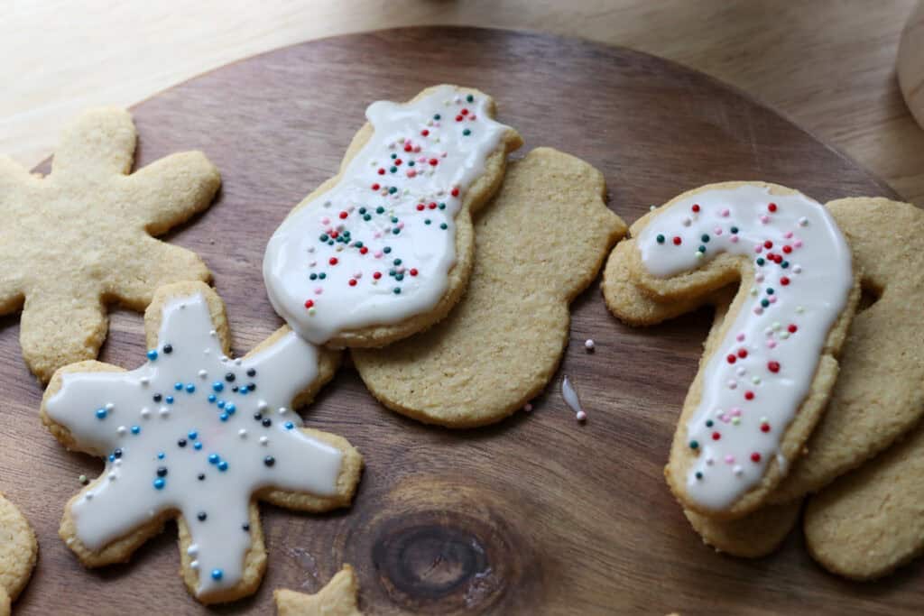 fresh milled healthy christmas sugar cookie candy canes and snowmen with sprinkles on top