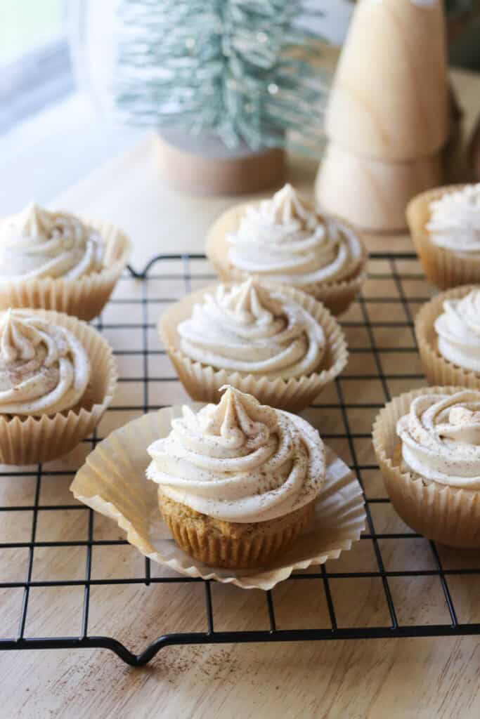 Fresh Milled Eggnog Cupcakes with Cream Cheese Icing and cinnamon sprinkled on top 