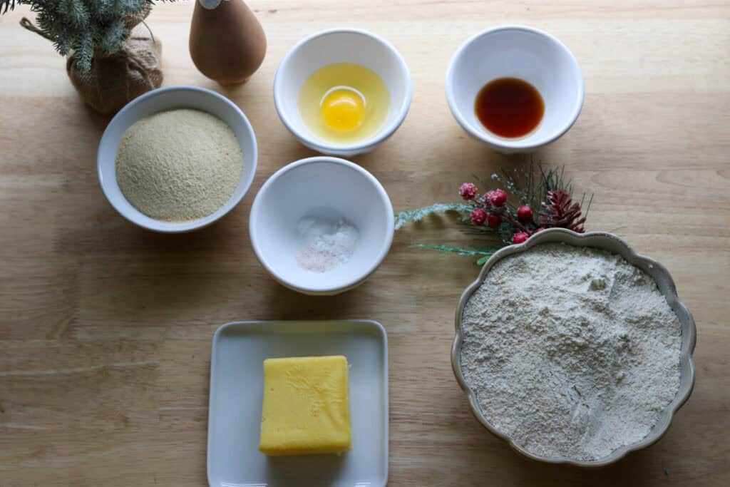 ingredients to make fresh milled eggnog snickerdoodle thumbprint cookies