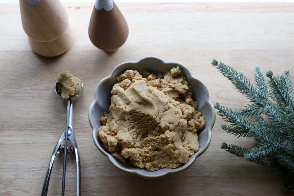 fresh milled eggnog snickerdoodle thumbprint cookie dough in a bowl with a cookie scoop