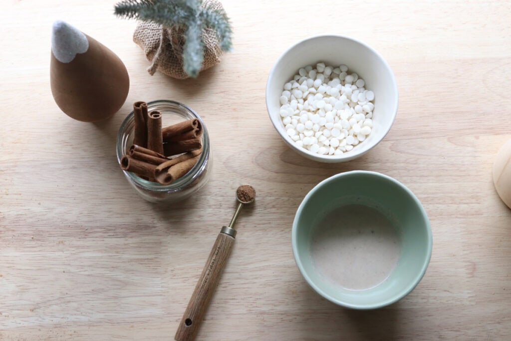 ingredients to make the eggnog ganache for fresh milled eggnog snickerdoodle thumbprint cookies