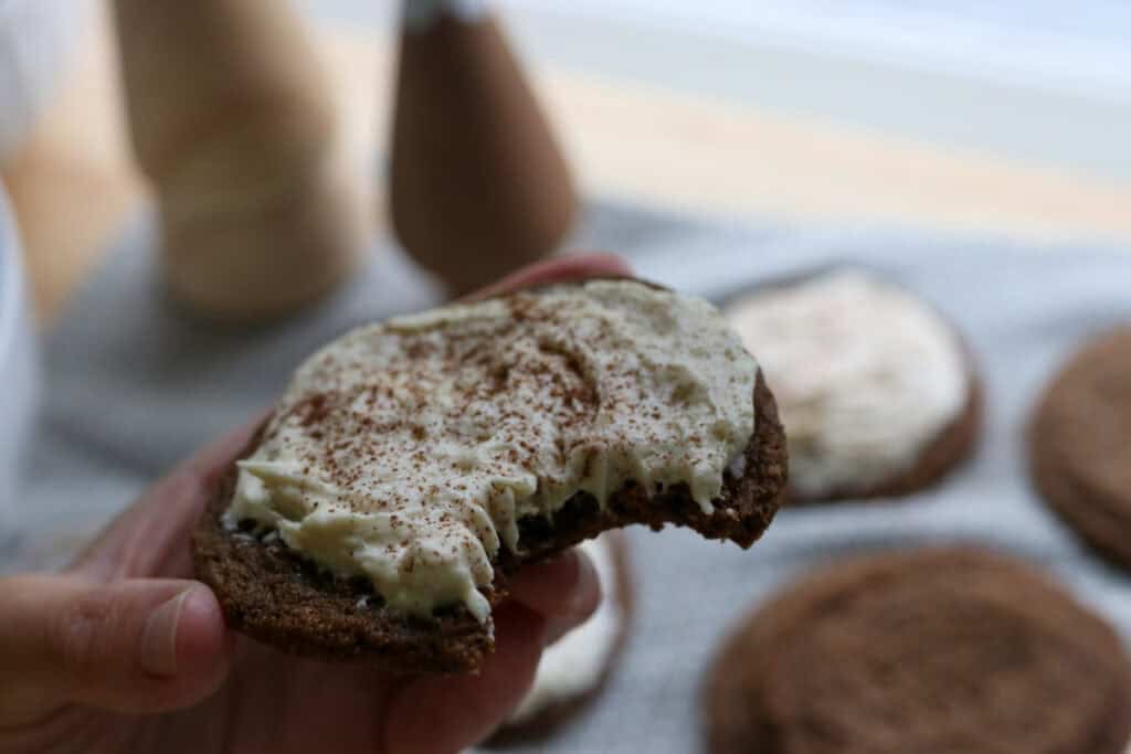 a freshly milled iced gingerbread cookie with a bite taken out of it