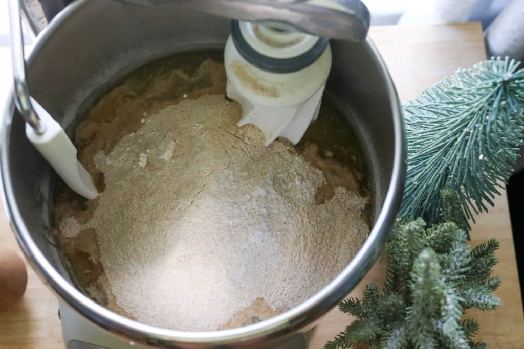 flour added to a mixing bowl to make Easy Garlic Herb Focaccia with Fresh Milled Flour