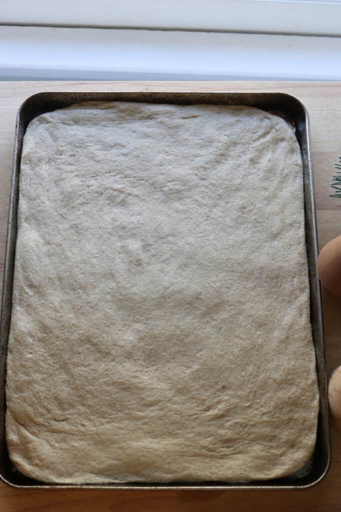 fresh milled focaccia dough spread out on an oiled pan