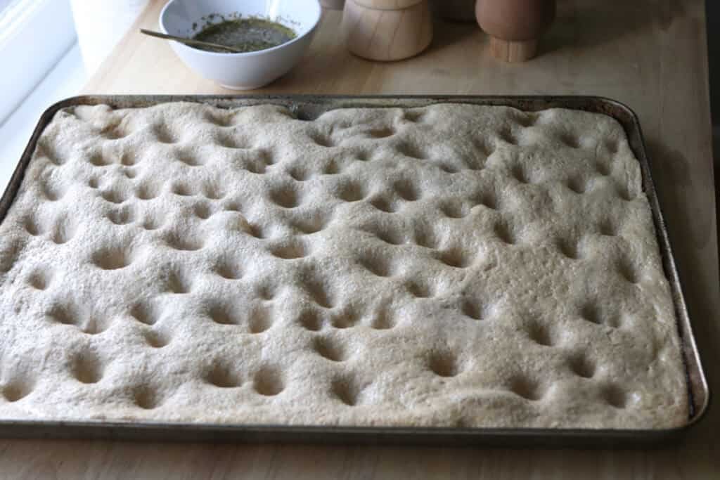 Easy Garlic Herb Focaccia dough on a baking sheet with holes in it