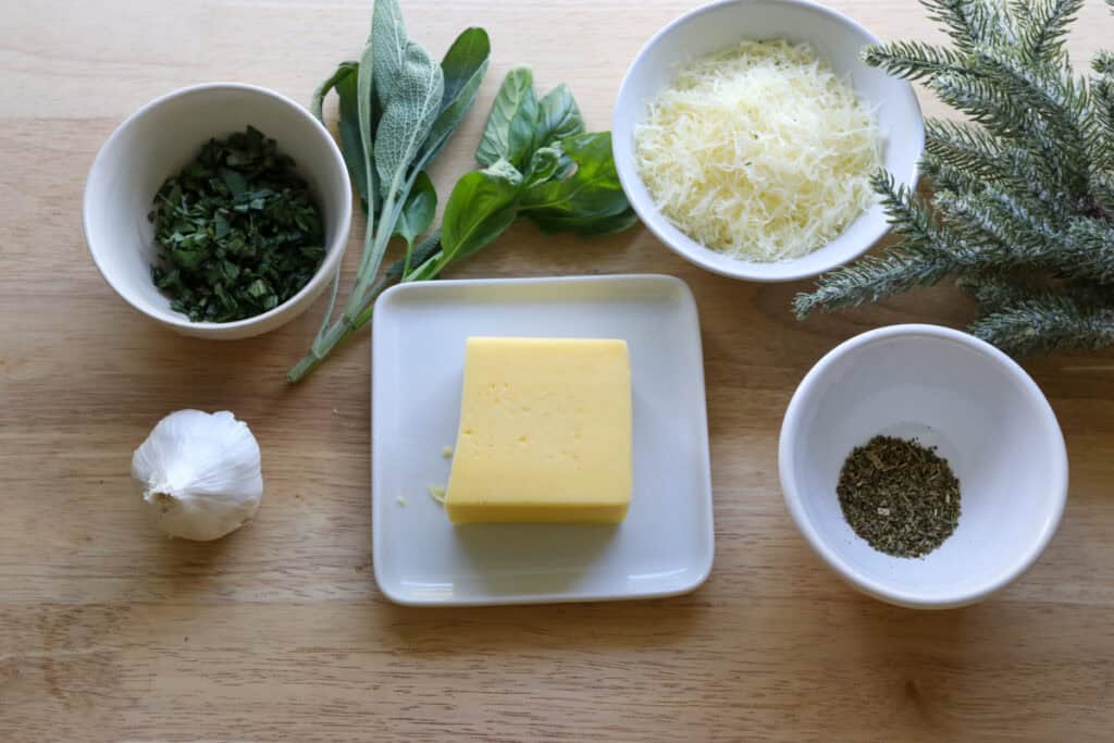 ingredients for the garlic herb butter to go on the Fresh Milled Christmas Tree Garlic and Herb Bread