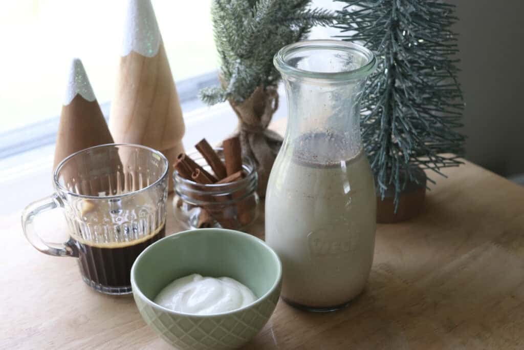 coffee, whipped cream, and Delicious Healthier Teddy Graham Coffee Creamer with Christmas trees