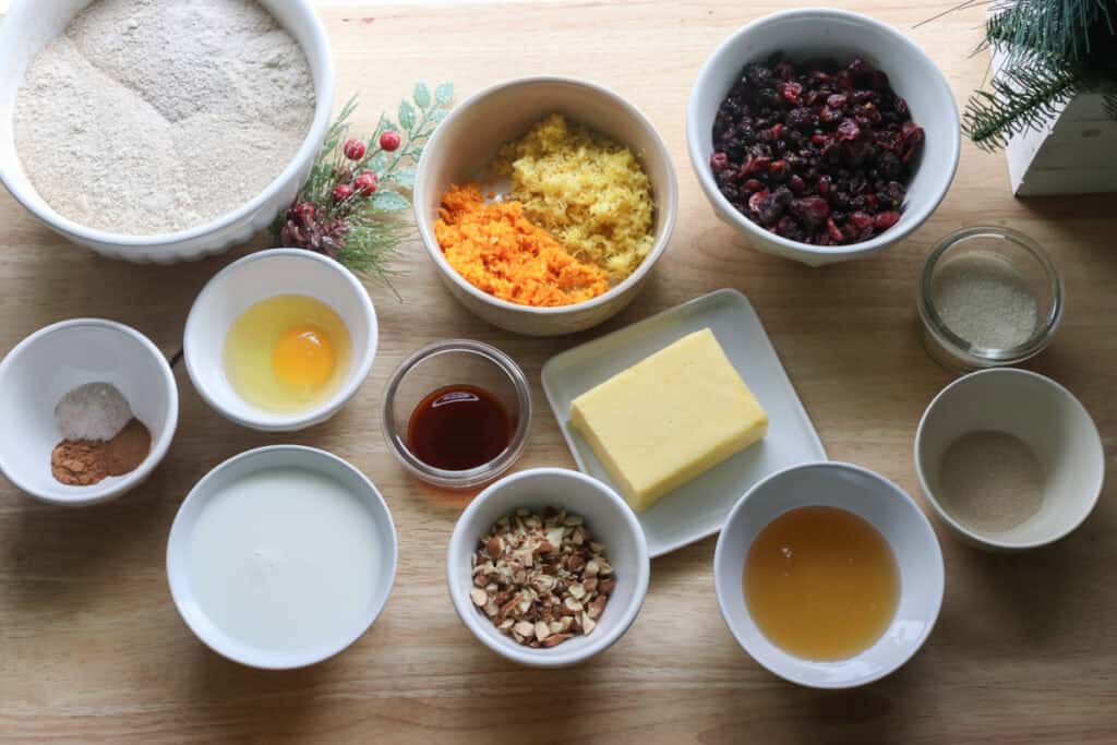 ingredients to make fresh milled Christmas Stollen bread