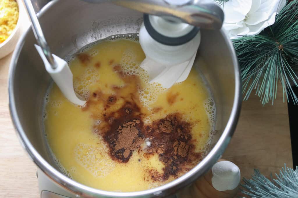 a mixing bowl with butter and spices to make fresh milled Christmas Stollen bread