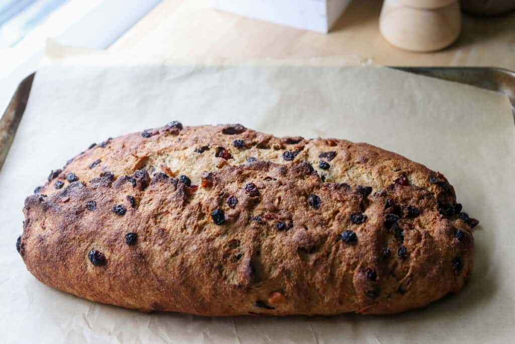 fresh milled Christmas Stollen bread that has been baked