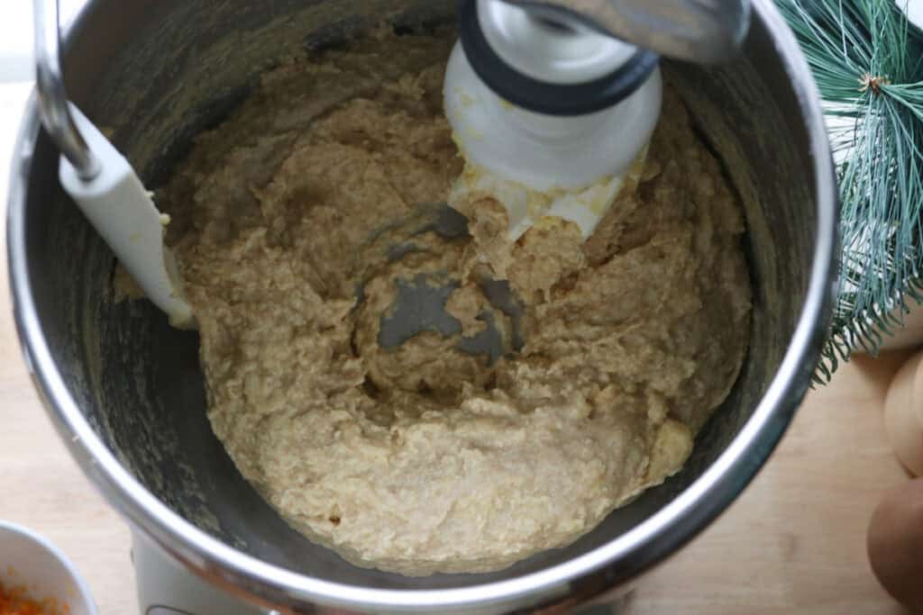 the dough that has been mixed to make Homemade Mini Panettones with Fresh Milled Flour