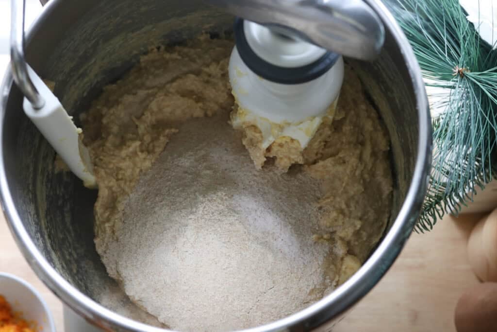 flour added to a mixing bowl to make Homemade Mini Panettones with Fresh Milled Flour