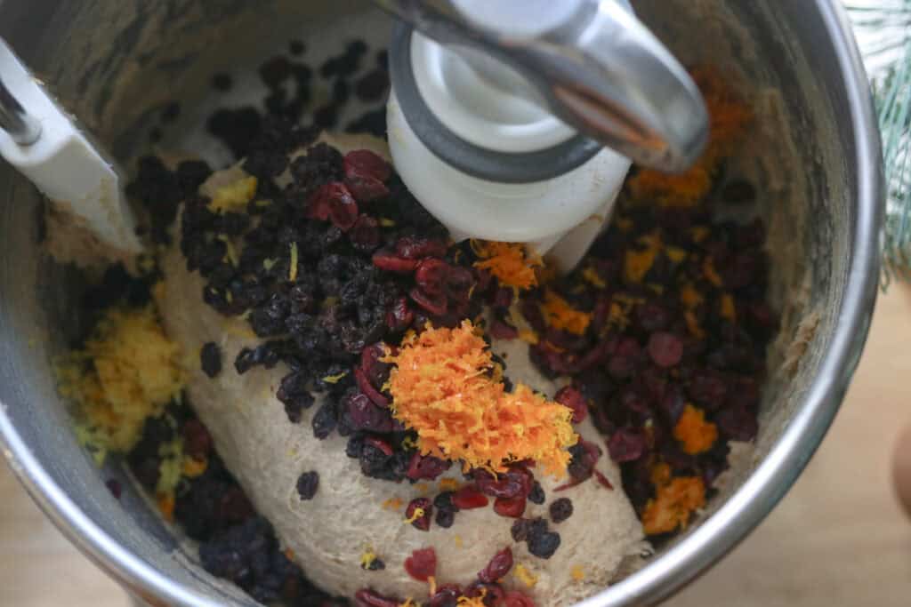 dried fruit and citrus zest in a mixing bowl to make Homemade Mini Panettones with Fresh Milled Flour