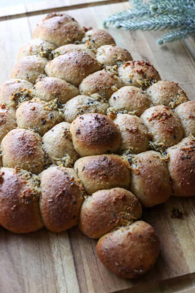 Fresh Milled Cheesy Pull-Apart Christmas Tree Bread on a cutting board that has been baked