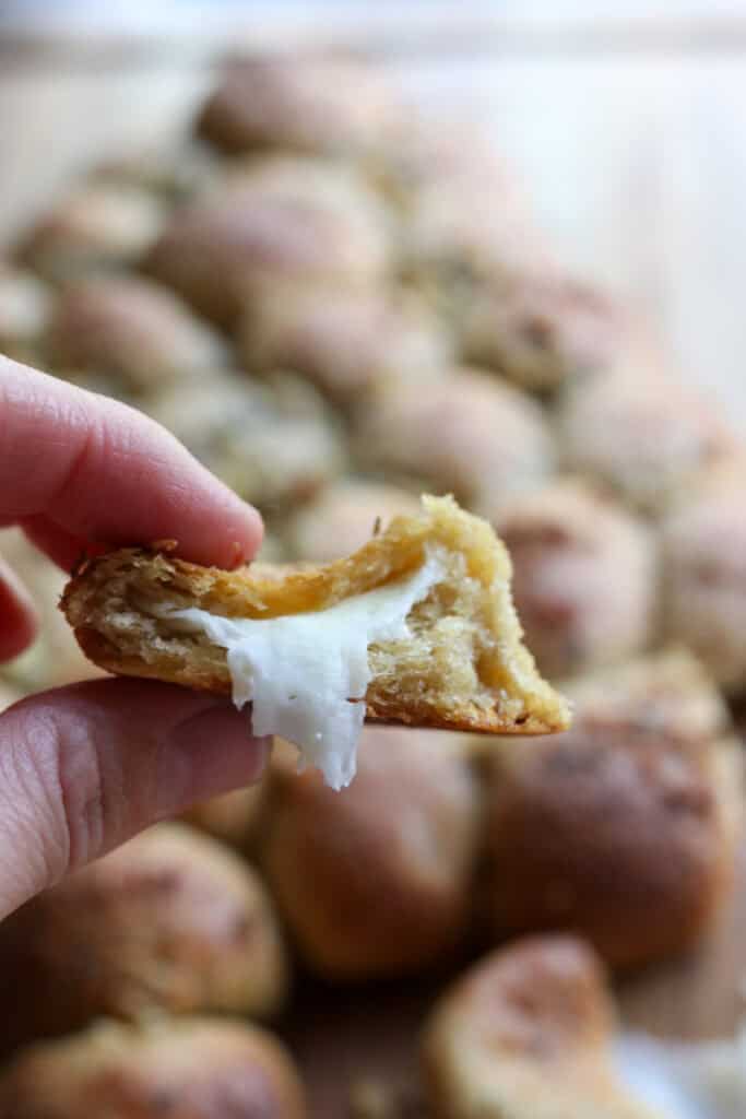 someone holding a piece of Fresh Milled Cheesy Pull-Apart Christmas Tree Bread torn in half