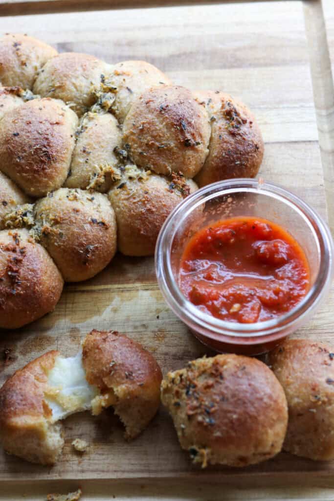 Fresh Milled Cheesy Pull-Apart Christmas Tree Bread with marinara sauce