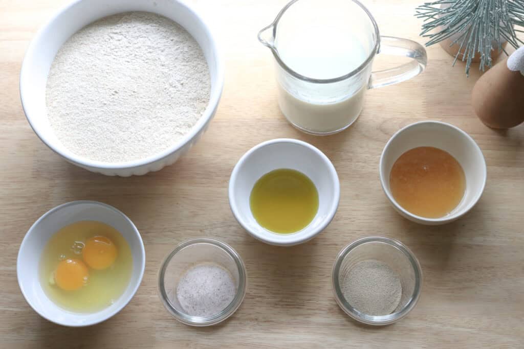 ingredients to make fresh milled fluffy Christmas dinner rolls