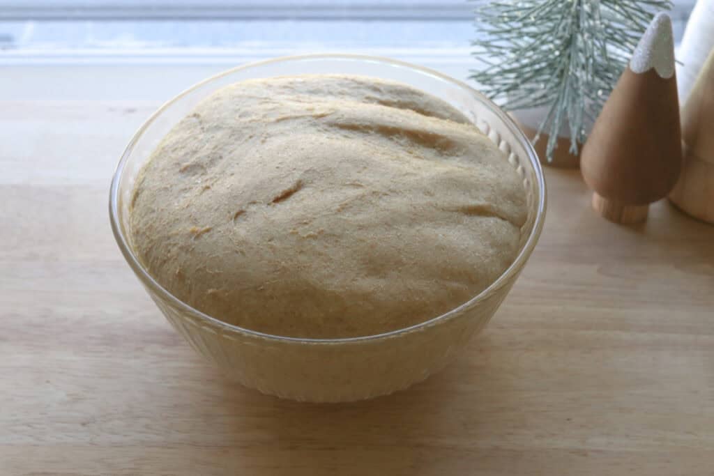 fresh milled fluffy Christmas dinner roll dough that has doubled in size