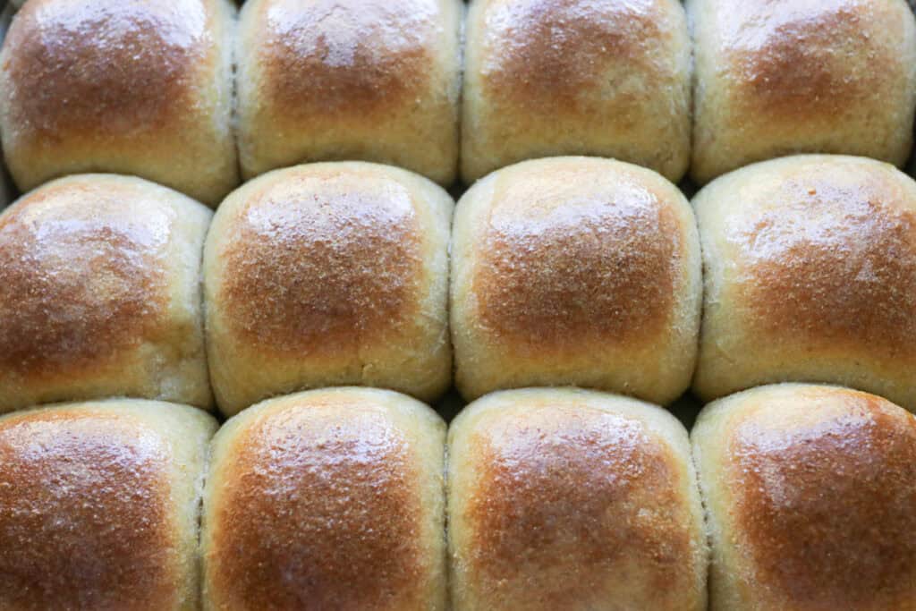 12 fresh milled fluffy Christmas dinner rolls that have been topped with melted butter