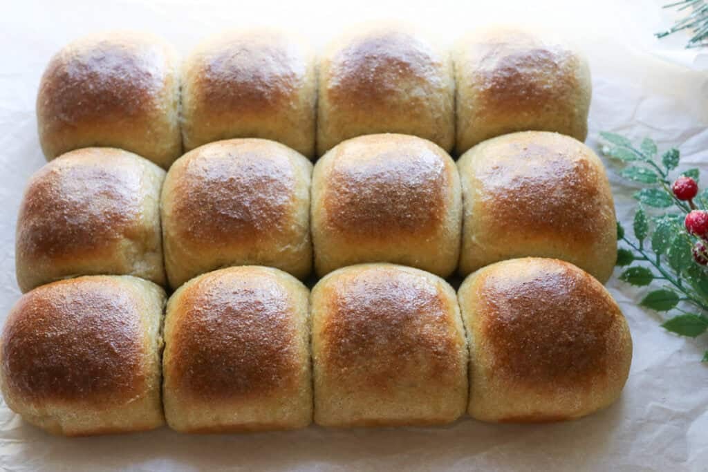 fresh milled fluffy Christmas dinner rolls on parchment with greenery