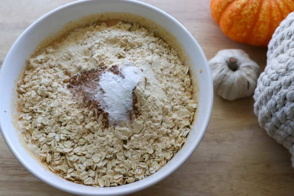oats, protein powder, and spices in a bowl to make Healthy High Protein Baked Pumpkin Spice Oatmeal