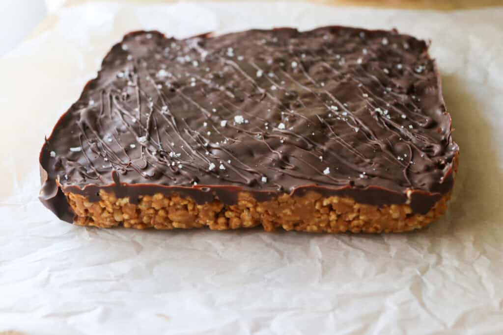 Chocolate Peanut Butter Rice Krispies that have been hardened in the fridge and topped with flaky salt