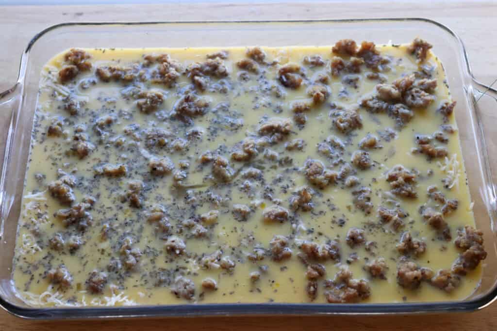 eggs and milk added to the freshly milled breakfast casserole 