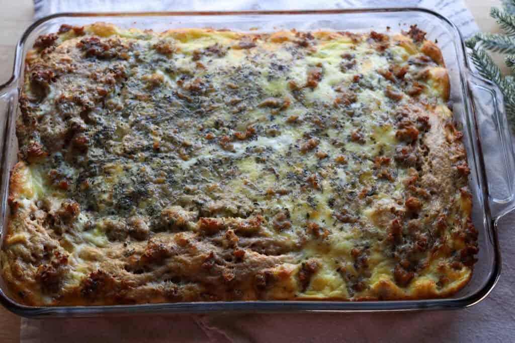 freshly milled breakfast casserole in  a glass 9x13 inch casserole pan