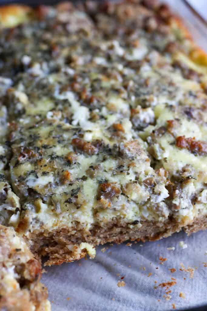 freshly milled breakfast casserole with eggs and sausage and biscuits