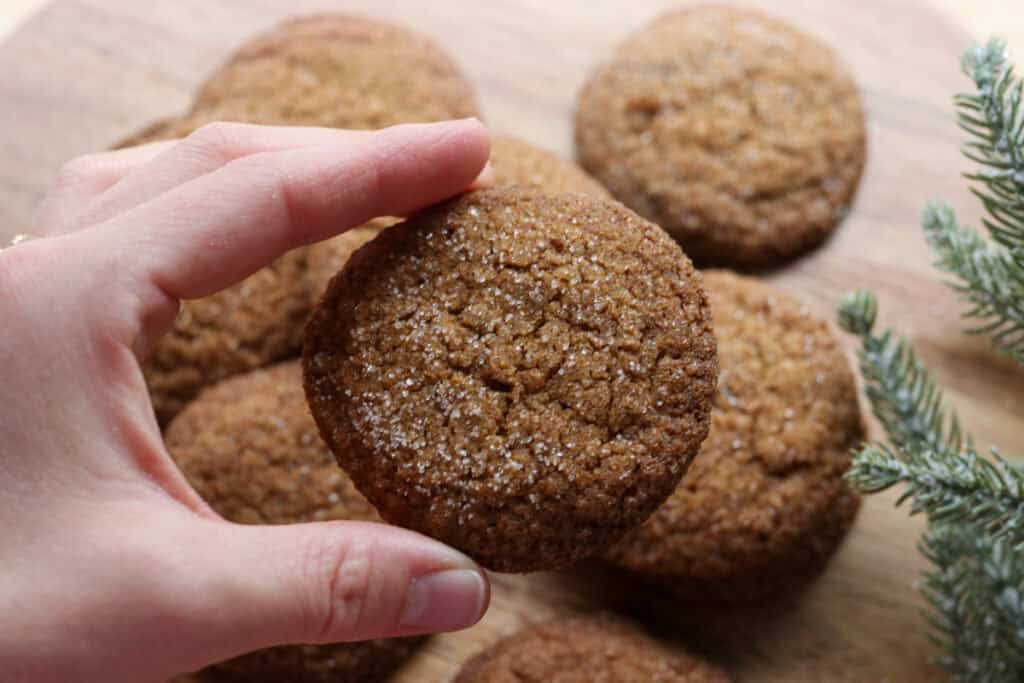 someone holding a fresh milled gingersnap cookie 