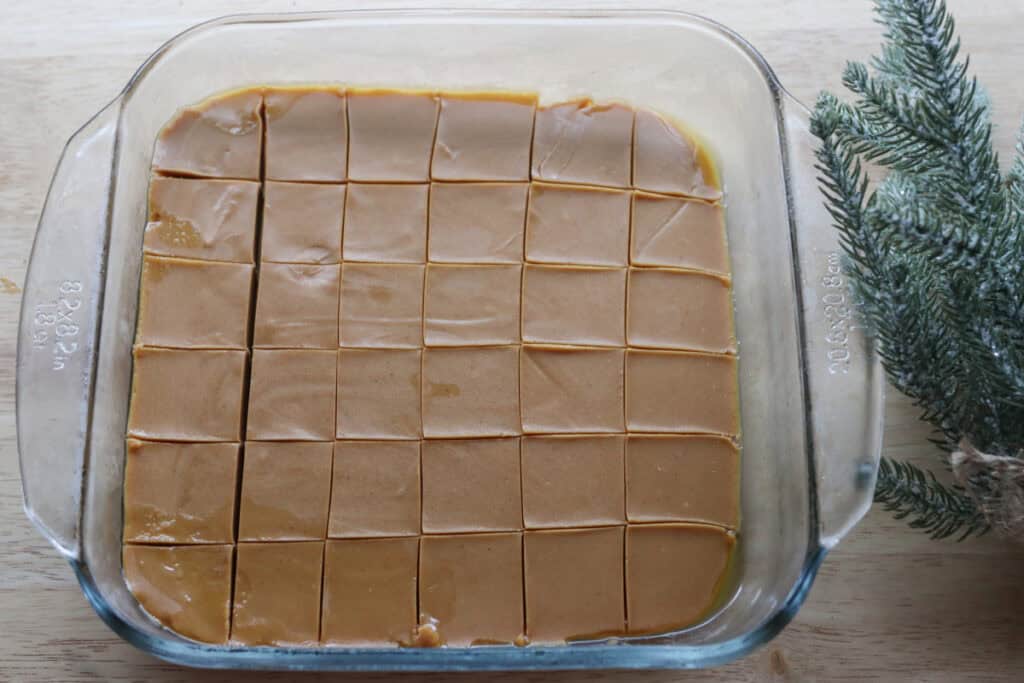 The Best 4-Ingredient Healthy Peanut Butter Fudge in pan that has been cut into squares
