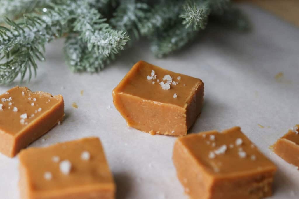 The Best 4-Ingredient Healthy Peanut Butter Fudge topped with flaky salt
