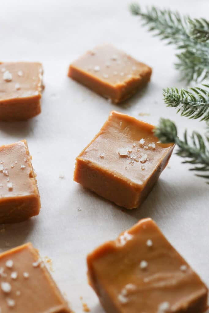 pieces of creamy healthy peanut butter fudge with greenery beside it