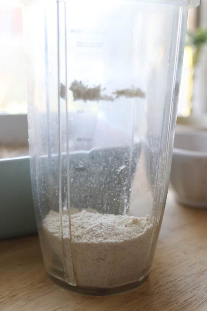 oat flour that has been blended for the topping for Healthy Cinnamon Coffee Cake Baked Oatmeal