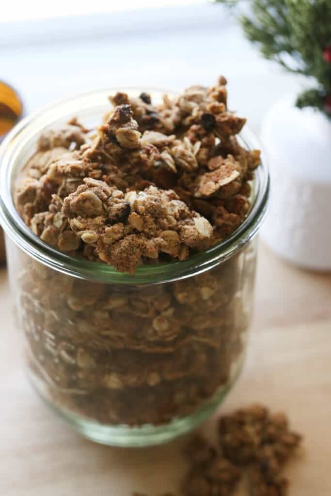 Healthy and Crunchy Protein-Packed Granola with berries in it in a glass jar