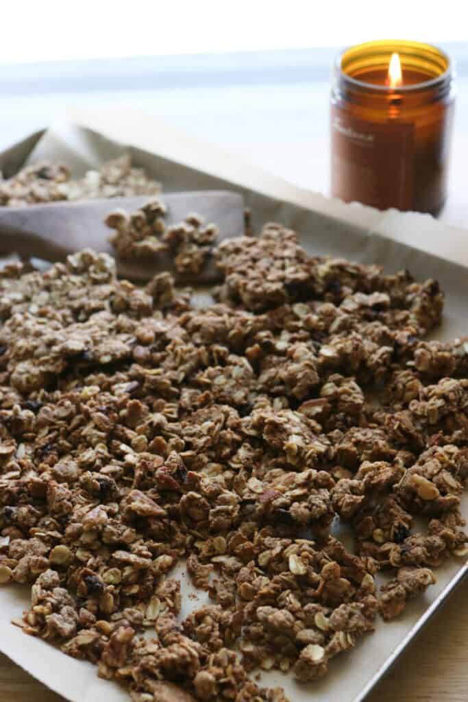 baked Healthy and Crunchy Protein-Packed Granola on a sheet pan with parchment paper