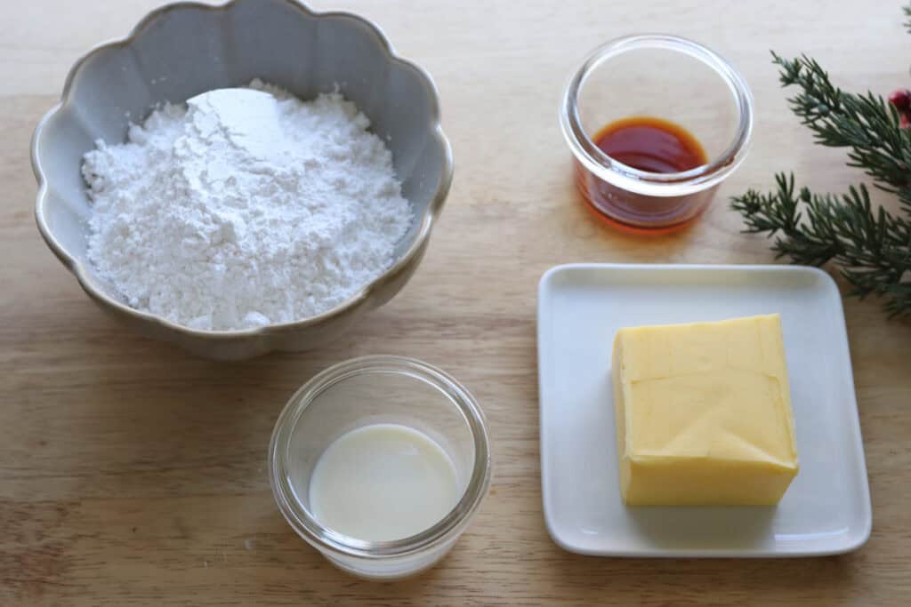 ingredients to make the icing for Fresh Milled Little Debbie Christmas Tree Cakes