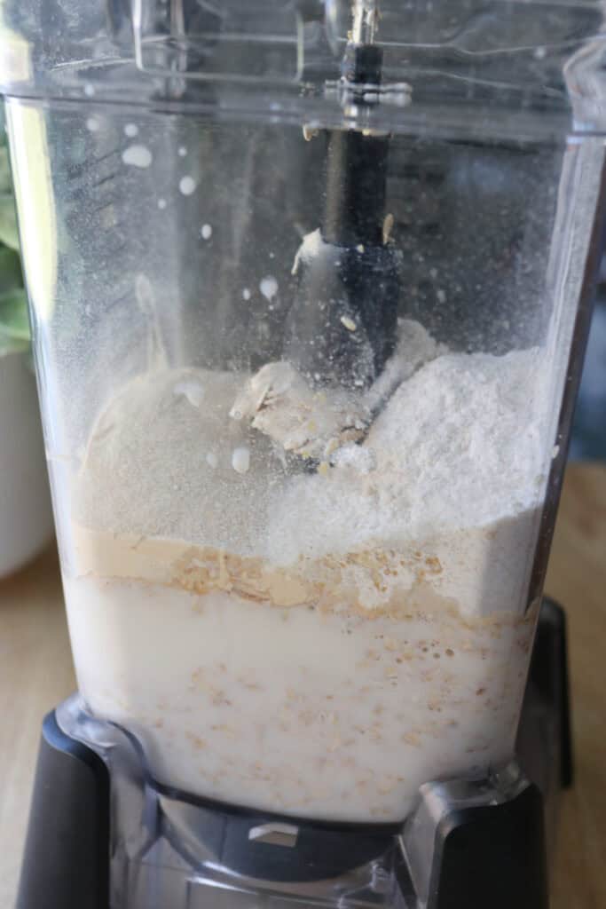 the ingredients for Freshly Milled Healthy High Protein Waffles in a blender
