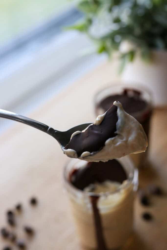 a spoon holding a bite of High Protein Chocolate Peanut Butter Yogurt