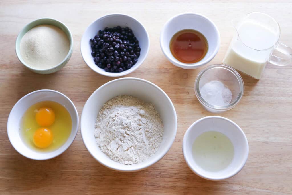 ingredients to make fresh milled sheet pan protein pancakes