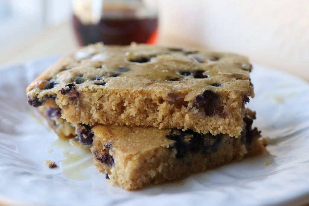 fresh milled sheet pan protein pancakes with blueberries in them 