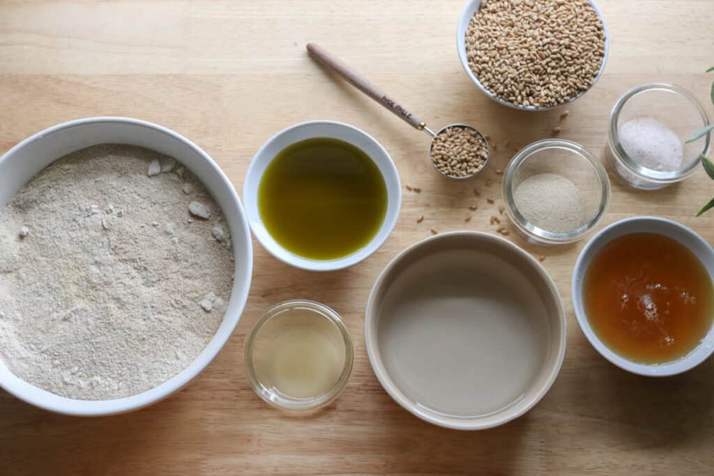 ingredients to make fresh milled tall sandwich loaves using the tangzhong method