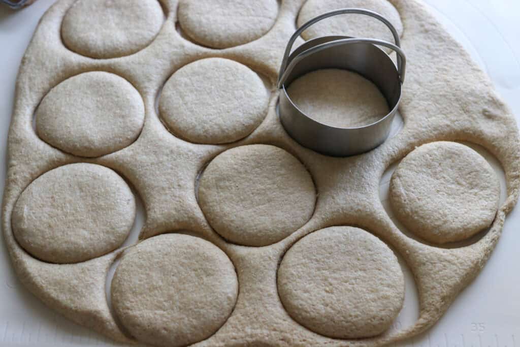 freshly milled english muffin dough that has been cut into 3 inch circles