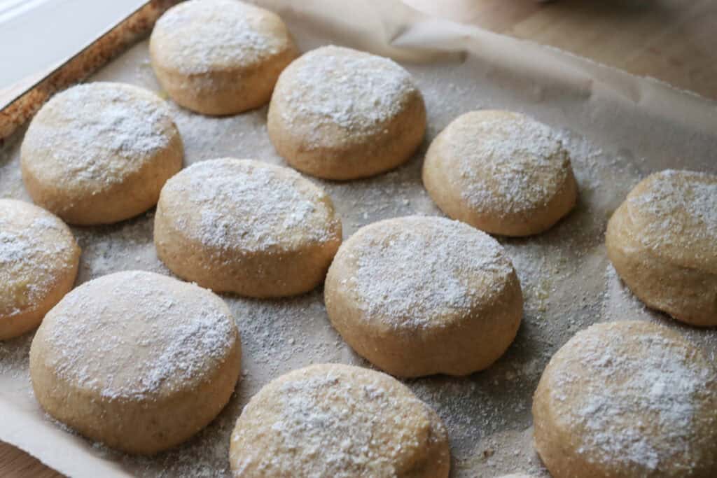 freshly milled english muffins that have risen and dusted with cornmeal
