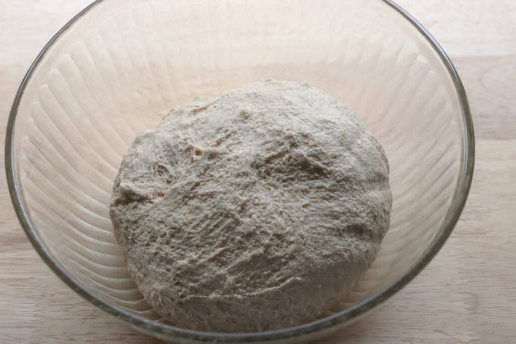 freshly milled soup bread bowl dough in a glass bowl 