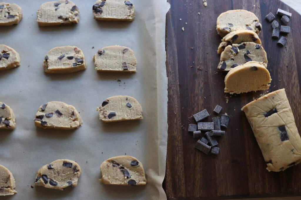 Freshly Milled Slice and Bake Chocolate Chunk Cookie dough on a baking sheet 