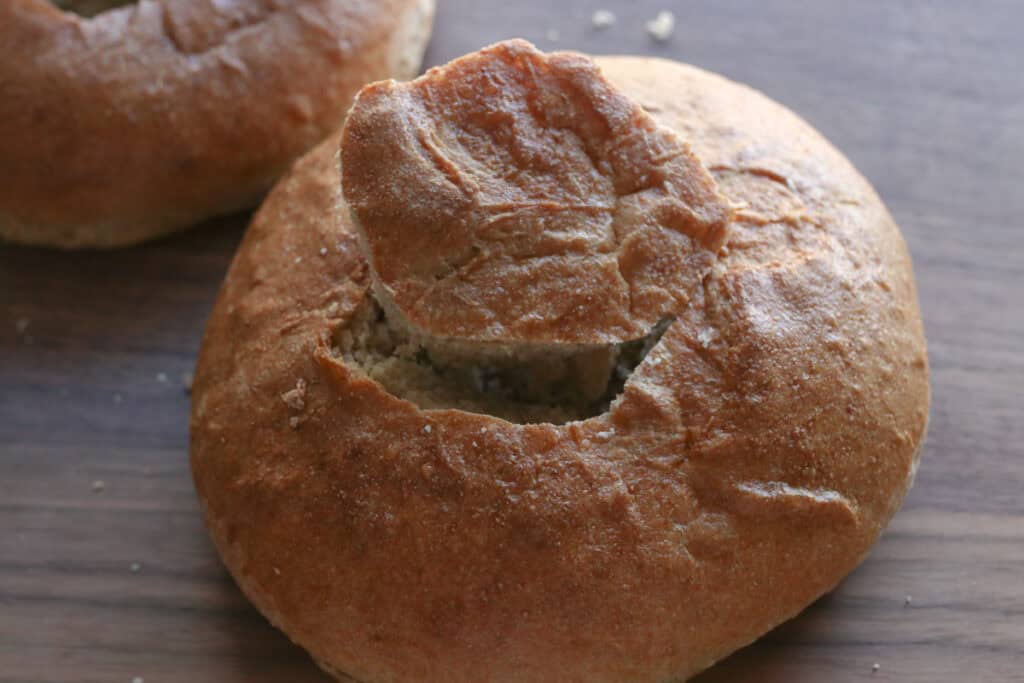 a freshly milled soup bread bowl with the top cut out