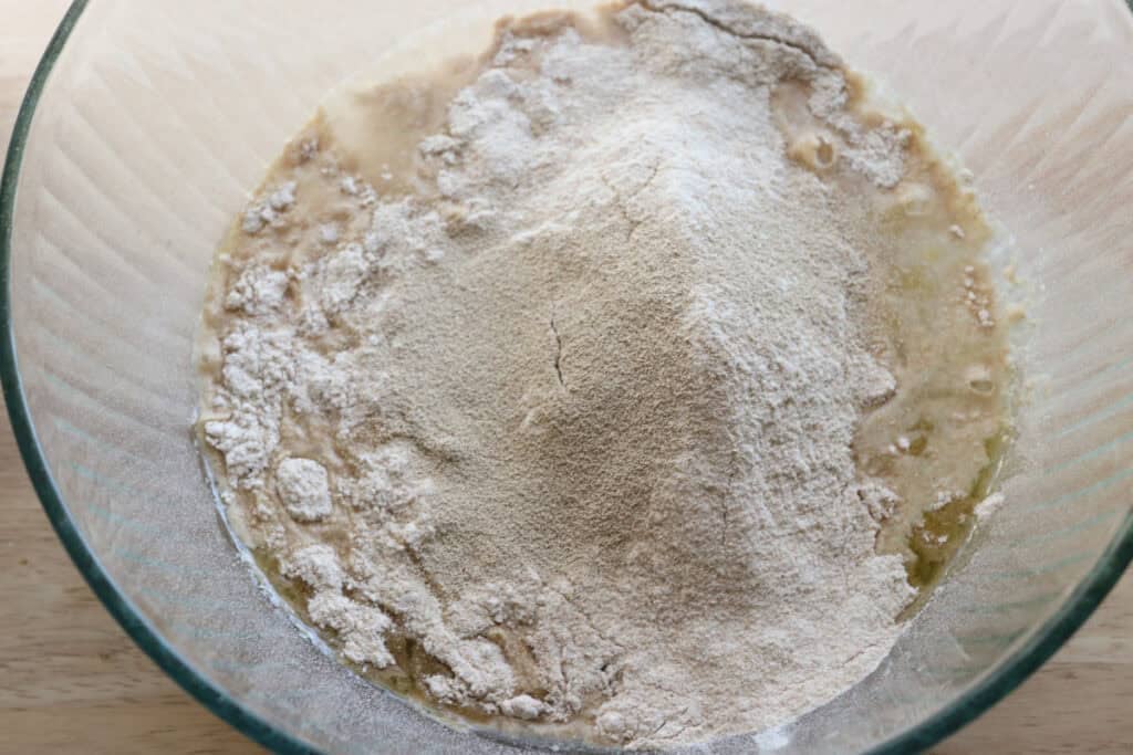 flour, oil, and honey to make the best fresh milled artisan loaf